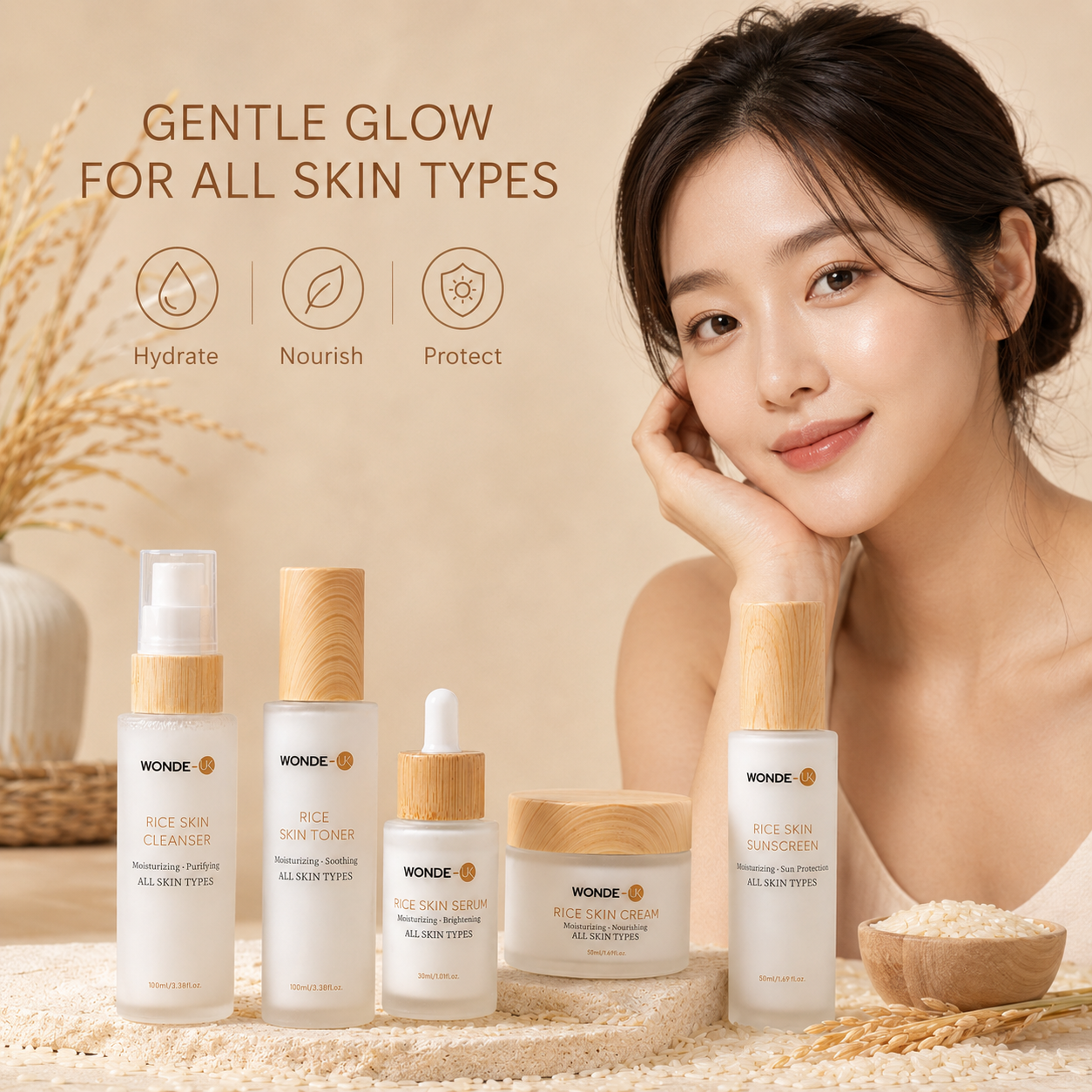 Wonde-UK Rice Skin Care Set - Pack of 5 Includes Cleanser, Toner, Serum, Cream & Sunscreen for All Skin Types