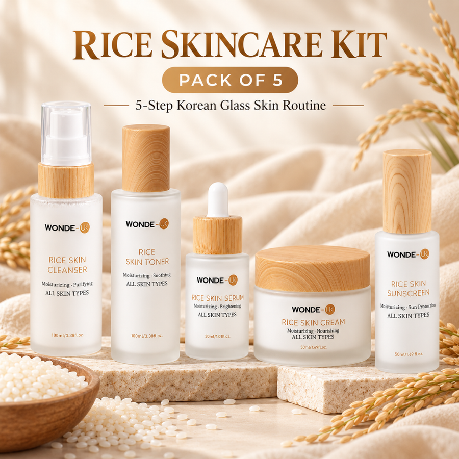 Wonde-UK Rice Skin Care Set - Pack of 5 Includes Cleanser, Toner, Serum, Cream & Sunscreen for All Skin Types