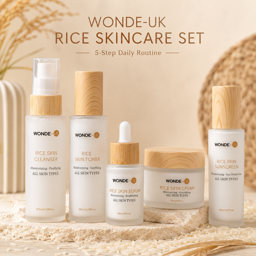 Wonde-UK Rice Skin Care Set - Pack of 5 Includes Cleanser, Toner, Serum, Cream & Sunscreen for All Skin Types