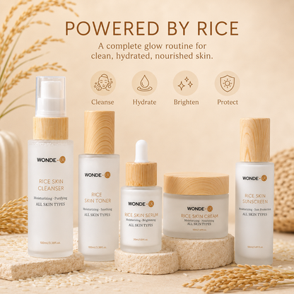 Wonde-UK Rice Skin Care Set - Pack of 5 Includes Cleanser, Toner, Serum, Cream & Sunscreen for All Skin Types