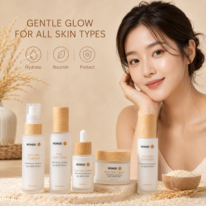 Wonde-UK Rice Skin Care Set - Pack of 5 Includes Cleanser, Toner, Serum, Cream & Sunscreen for All Skin Types