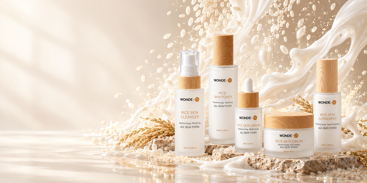 WONDE-UK rice skincare collection with a model, Glow Begins With Rice