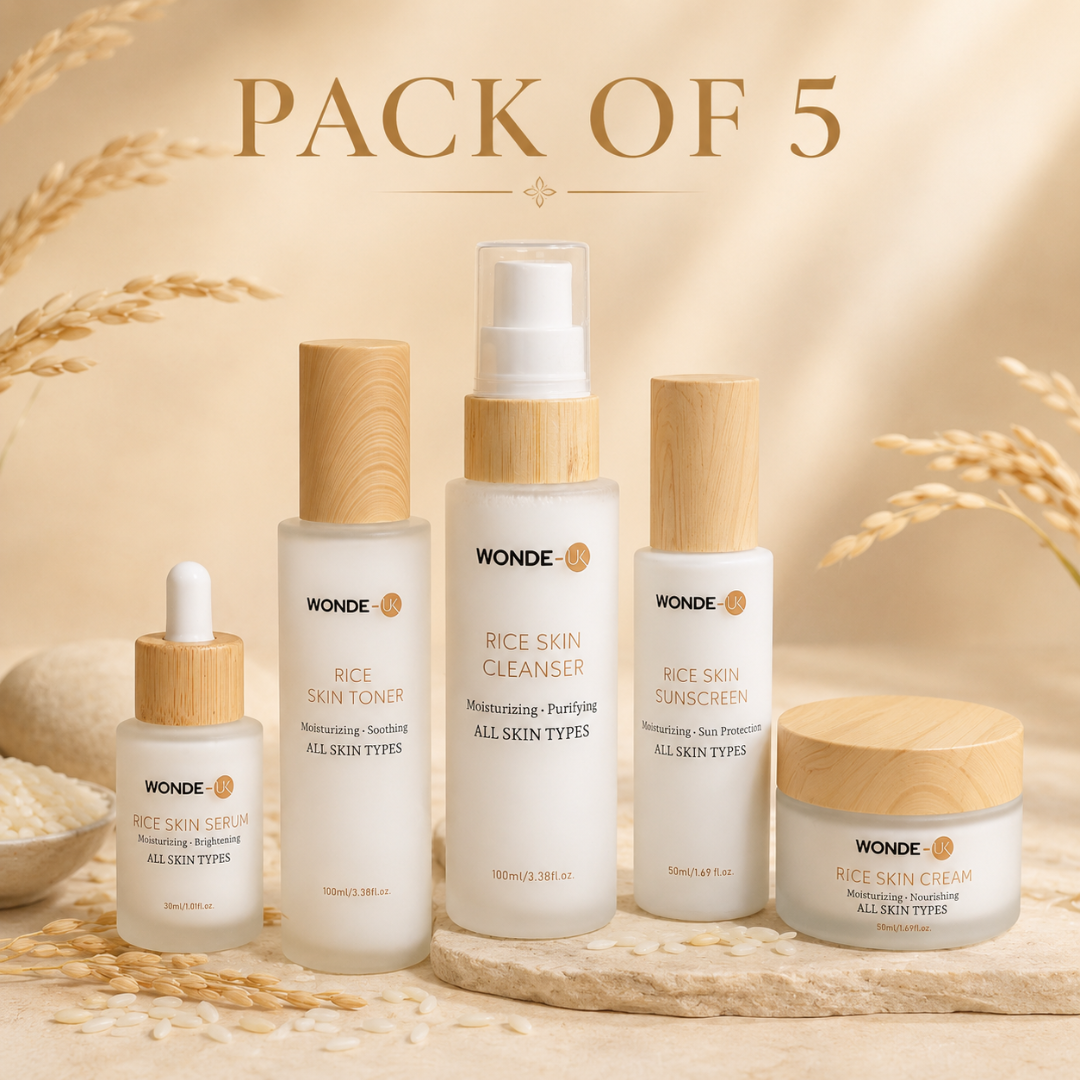 Wonde-UK Rice Skin Care Set - Pack of 5 Includes Cleanser, Toner, Serum, Cream & Sunscreen for All Skin Types