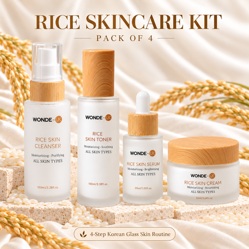 WONDE-UK Rice Skincare Kit Pack of 4 | Korean Skincare Set | Rice Cleanser, Rice Toner, Rice Serum & Rice Cream | 4-Step Korean Glass Skin Routine | Hydrating K-Beauty Skincare