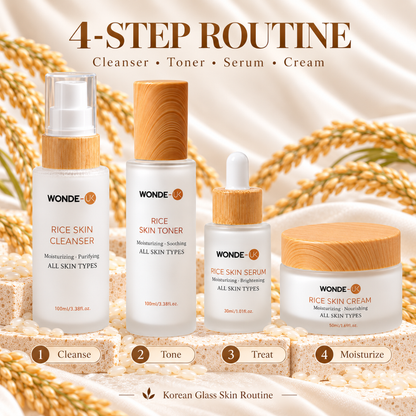 WONDE-UK Rice Skincare Kit Pack of 4 | Korean Skincare Set | Rice Cleanser, Rice Toner, Rice Serum & Rice Cream | 4-Step Korean Glass Skin Routine | Hydrating K-Beauty Skincare