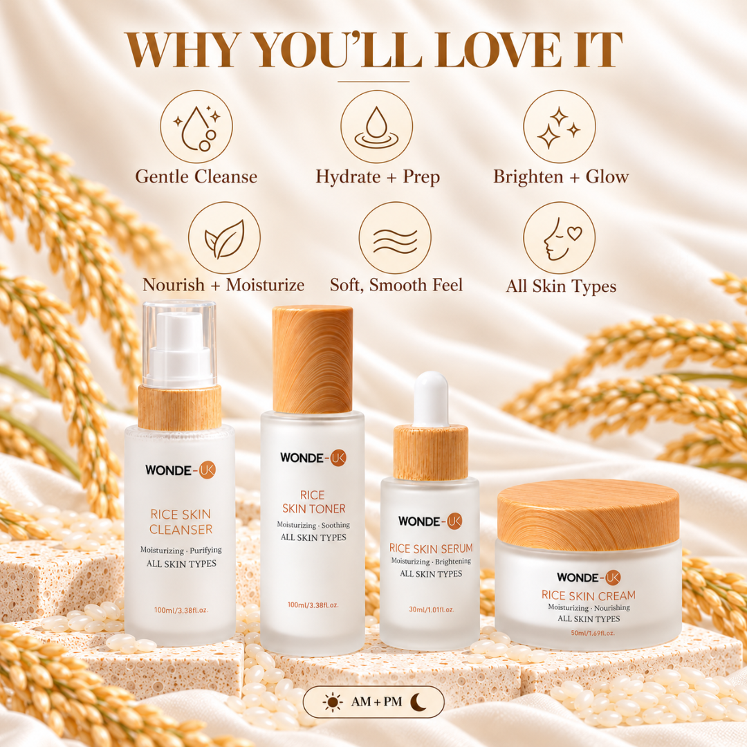WONDE-UK Rice Skincare Kit Pack of 4 | Korean Skincare Set | Rice Cleanser, Rice Toner, Rice Serum & Rice Cream | 4-Step Korean Glass Skin Routine | Hydrating K-Beauty Skincare