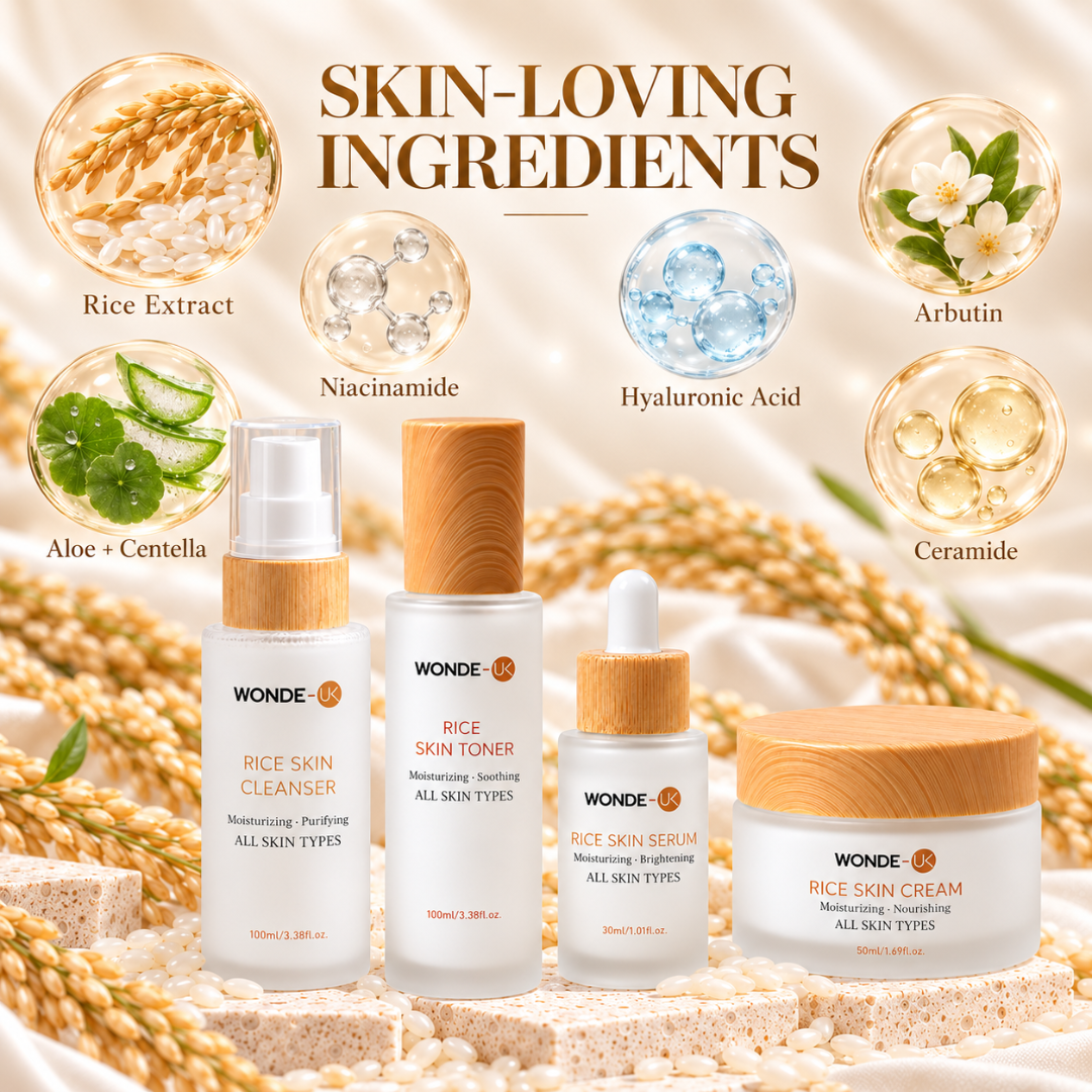 WONDE-UK Rice Skincare Kit Pack of 4 | Korean Skincare Set | Rice Cleanser, Rice Toner, Rice Serum & Rice Cream | 4-Step Korean Glass Skin Routine | Hydrating K-Beauty Skincare