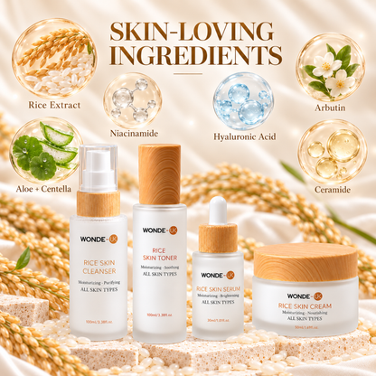 WONDE-UK Rice Skincare Kit Pack of 4 | Korean Skincare Set | Rice Cleanser, Rice Toner, Rice Serum & Rice Cream | 4-Step Korean Glass Skin Routine | Hydrating K-Beauty Skincare