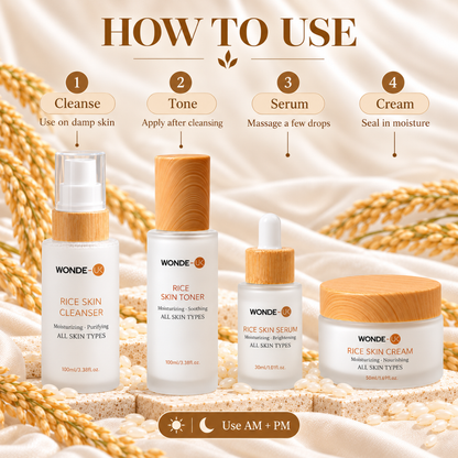 WONDE-UK Rice Skincare Kit Pack of 4 | Korean Skincare Set | Rice Cleanser, Rice Toner, Rice Serum & Rice Cream | 4-Step Korean Glass Skin Routine | Hydrating K-Beauty Skincare